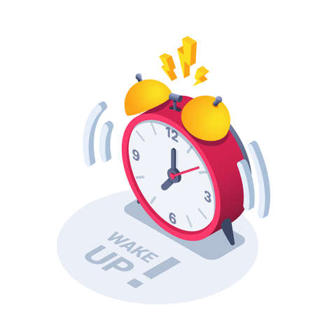 isometric vector illustration isolated on white background, icon of ringing red alarm clock with vibration and lightning bolts, inscription wake up with exclamation signのイラスト素材