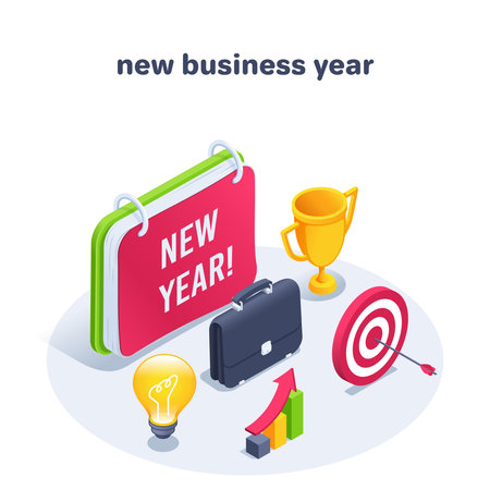 isometric vector illustration on a white background, set of business icons on theme of the new business year, calendar with a cup and portfolio, as well as a light bulb and a chart with an arrowのイラスト素材