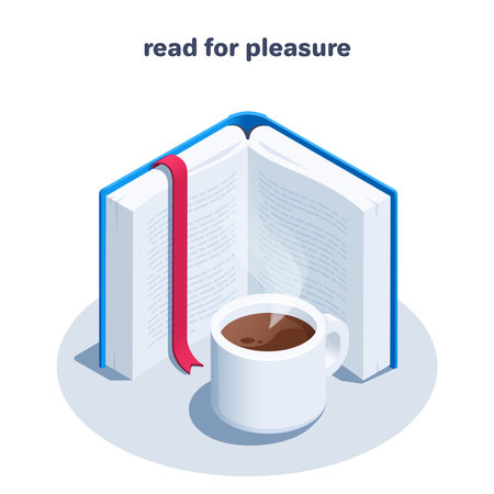 isometric vector illustration on a white background, an open book with a red bookmark and a cup of coffee with smoke, reading for pleasureのイラスト素材
