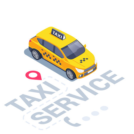isometric vector illustration on a white background, inscription taxi service and yellow checkered car, location and handset iconのイラスト素材