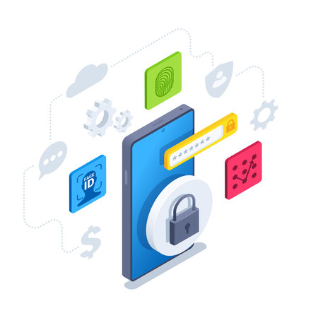 isometric vector illustration isolated on white background, smartphone with padlock and fields for various secure phone access systems, face or fingerprint or password protectionのイラスト素材