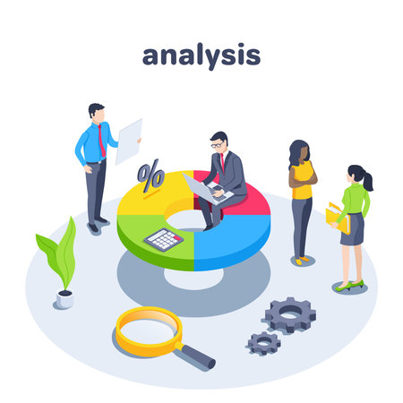 isometric vector illustration isolated on white background, business people near pie chart financial data analysis, general workのイラスト素材