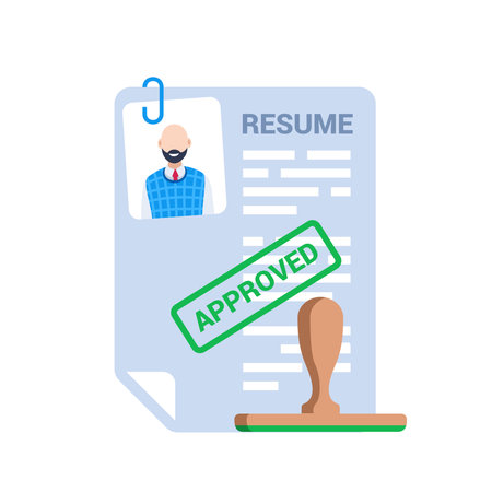 flat vector illustration isolated on white background, paper resume and seal, approved resume or job acceptanceのイラスト素材