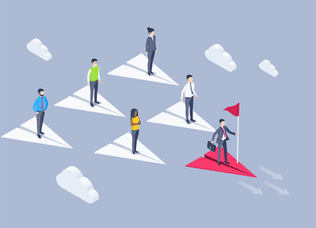 isometric vector illustration on a gray background, a man in a business suit with a flag flies on a main plane and his colleagues fly behind him, a leader in a business teamのイラスト素材