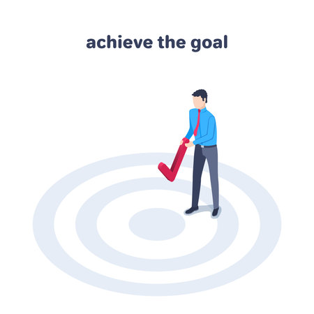 isometric vector illustration on a white background, a man in business clothes puts a tick in the center of a round target, achieve the goalのイラスト素材