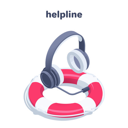 isometric vector illustration on white background, text helpline, lifebuoy and headphones with microphoneのイラスト素材