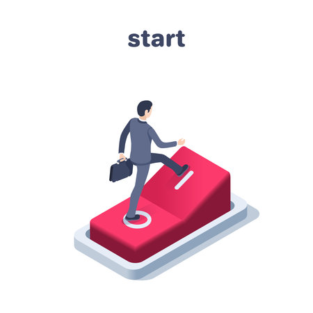 isometric vector illustration on a white background, a man in a business suit with a briefcase on a big red button switch, the start of a project or businessのイラスト素材