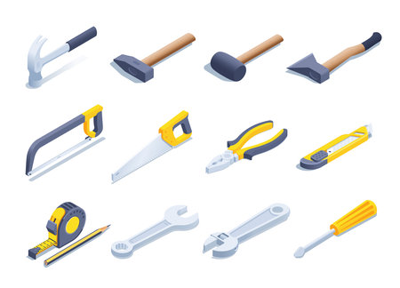 isometric vector illustration isolated on white background, hand tools icon set for builder or carpenter, quipment and gear shopのイラスト素材