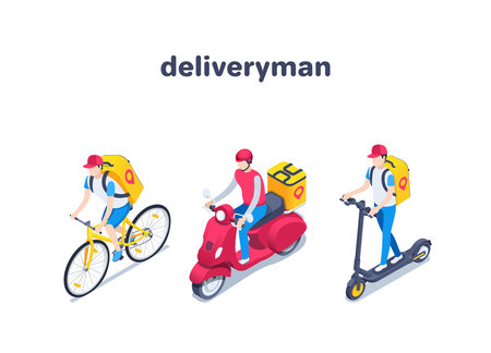 isometric vector illustration on a white background, a delivery man on a bicycle and also on a moped and a scooter, delivering goods around the cityのイラスト素材