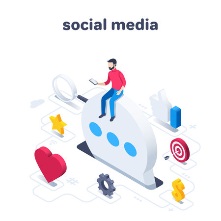 isometric vector illustration isolated on white background, social media, a man with a smartphone sits on a text message bubble and icons around itのイラスト素材