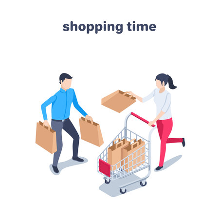 isometric vector illustration on a white background, a man with packages and a woman with a shopping trolley, shopping time or buying on saleのイラスト素材