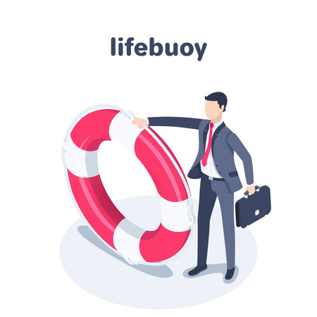 isometric vector illustration on a white background, a man in a business suit with a briefcase stands near a large lifebuoy, business support or helpのイラスト素材