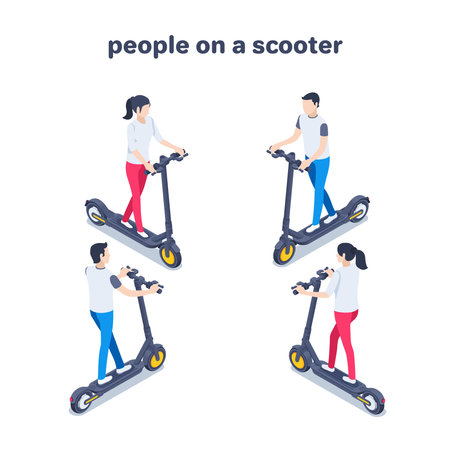 isometric vector illustration on a white background, people on an electric scooter front and back view, a vehicle for fun and everyday driving or time rentのイラスト素材