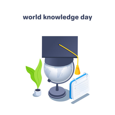 isometric vector illustration isolated on white background, bachelor cap on globe next to calendar, world knowledge dayのイラスト素材