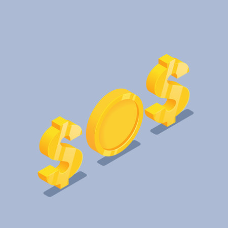 isometric vector illustration on gray background, word sos from dollar and golden coin icons, financial helpのイラスト素材