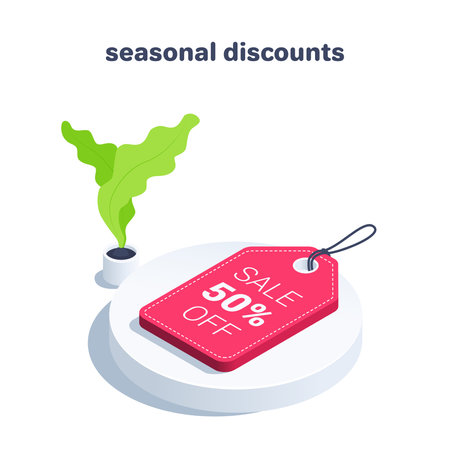 isometric vector illustration isolated on white background, tag with 50 percent discount on a round platform, seasonal discounts and salesのイラスト素材