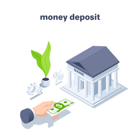 isometric vector illustration isolated on white background, hand with dollar bill and bank icon with percent and gear, money depositのイラスト素材