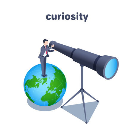 isometric vector illustration on a white background, a man in a business suit looks through a large spyglass while standing on the globe, curiosity or searching for something newのイラスト素材