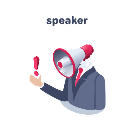 isometric vector illustration on a white background, man speaker and exclamation mark, icon of a man in a business suit with a loudspeaker instead of a headのイラスト素材