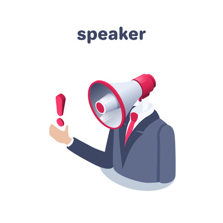 Illustration for isometric vector illustration on a white background, man speaker and exclamation mark, icon of a man in a business suit with a loudspeaker instead of a head - Royalty Free Image