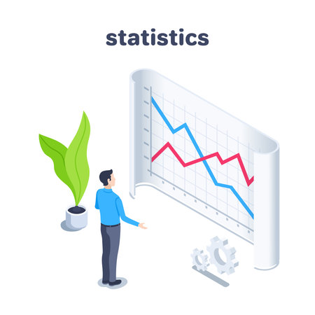 isometric vector illustration on a white background, a man in business clothes stands in front of a sheet of paper with a chart, statistics dataのイラスト素材