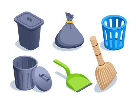 isometric vector illustration on a white background, a set of trash cans with a dustpan and a broom, cleaning or taking out the trashのイラスト素材