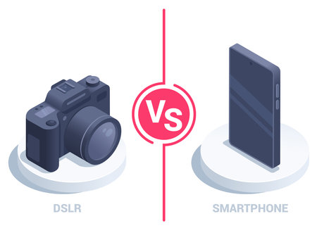 isometric vector illustration on a white background, a digital SLR camera VS a smartphone, which is better for taking photos and videosのイラスト素材