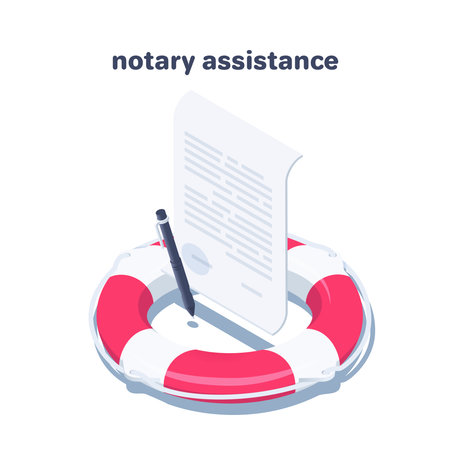 isometric vector illustration on a white background, a lifebuoy and a paper document with a seal and a signature next to a pen, notary assistanceのイラスト素材