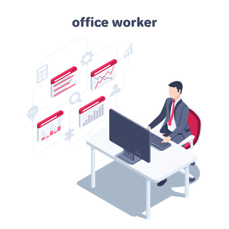 isometric vector illustration on a white background, a man in a business suit sits at his desk working at a computer and charts with graphs, an office workerのイラスト素材