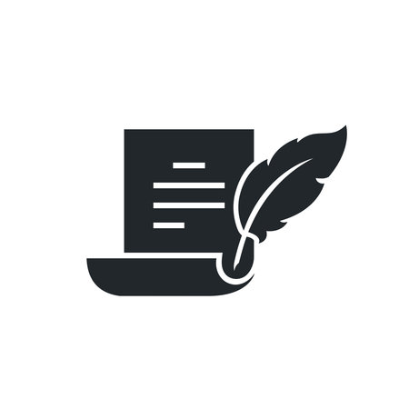 flat vector image isolated on white background, document icon with bird feather, signature or paperworkのイラスト素材