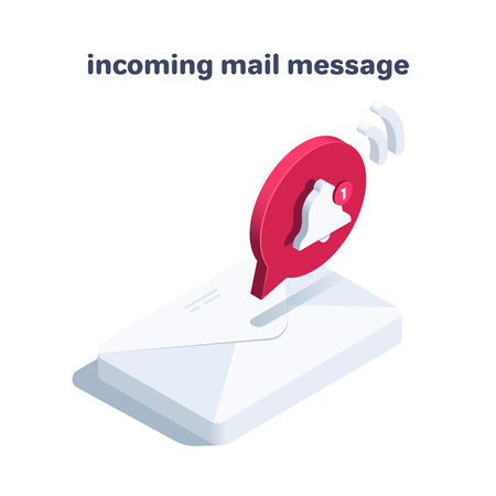 isometric vector illustration isolated on white background, mail envelope and red text bubble with bell, incoming mail messageのイラスト素材