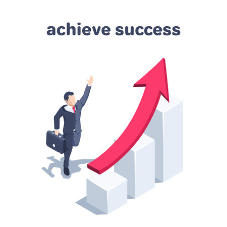 isometric vector illustration on a white background, a man in a business suit with a briefcase runs to the chart with a growing red arrow, achieve successのイラスト素材