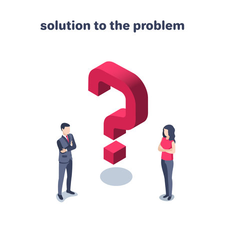 isometric vector illustration on a white background, a man and a woman in business clothes next to a big red question mark, searching for a solution to the problemのイラスト素材