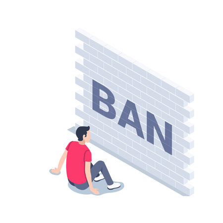 isometric vector illustration on a white background, a young man sits in front of a brick wall with the word banのイラスト素材