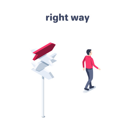 isometric vector illustration on a white background, a man in a red shirt goes to the side where the arrow on the post points, right wayのイラスト素材