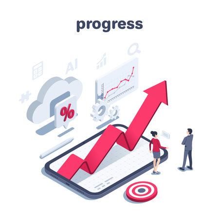 isometric vector illustration on a white background, a man and a woman in business clothes near a tablet with a big red arrow, progress or success achievementのイラスト素材