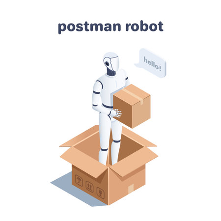 isometric vector illustration on a white background, a robot with a cardboard box stands in an open box, parcel delivery or postman robotのイラスト素材