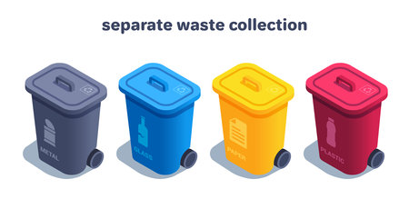 isometric vector illustration on a white background, a set of garbage cans of different colors for different types of garbage, separate waste collection for ecologyのイラスト素材
