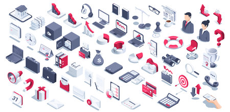 isometric vector illustration on a white background, a large set of business icons, banking and finance as well as law and jurisprudence, graphs and charts with arrowsのイラスト素材