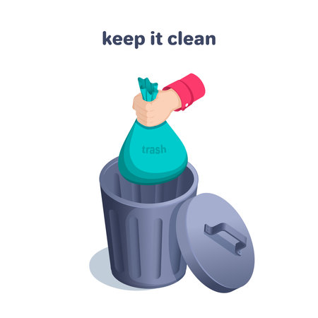isometric vector illustration on a white background, a man's hand throws a bag of garbage into the trash can, keep it cleanのイラスト素材