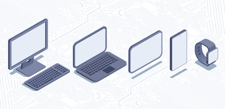 isometric vector illustration on a white background, set of digital electronics from computer and a laptop, tablet and smartphone with a smart watch on the tracks of an electronic circuit boardのイラスト素材