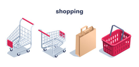 isometric vector illustration on a white background, a set of shopping carts and a basket and a paper bag, make purchases online or shoppingのイラスト素材