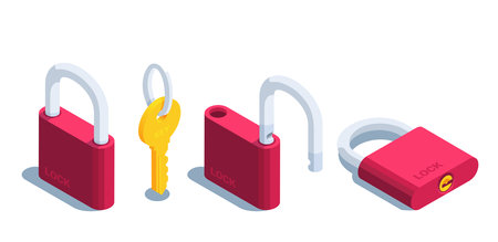 isometric vector illustration isolated on white background, locks and key icons set, closed and open, protection or securityのイラスト素材