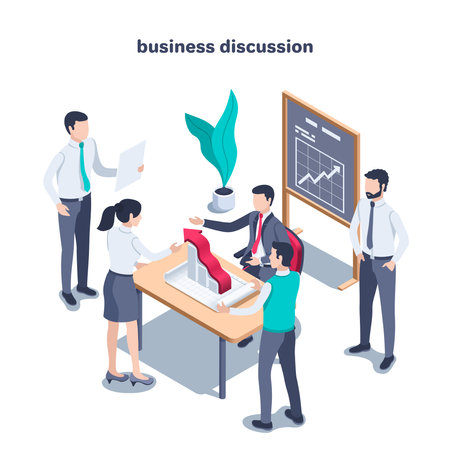 isometric vector image on a white background, people in business clothes around the table on which there is a sheet of paper and a chart with a growing arrow, working discussion or office workersのイラスト素材