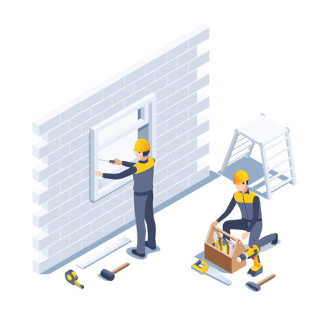 isometric vector illustration on a white background, men in work clothes with tools install a window at a construction site, working specialtyのイラスト素材
