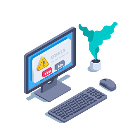 isometric vector illustration isolated on white background, computer and message on tap error finish process ?のイラスト素材