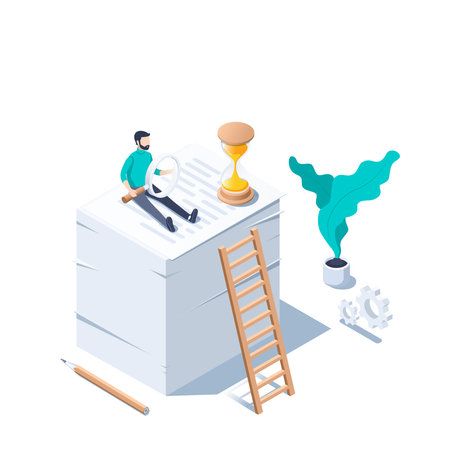 isometric vector illustration on a white background, a man with a magnifying glass sits on a high stack of papers next to the hourglass, work with papers or meet the deadlineのイラスト素材