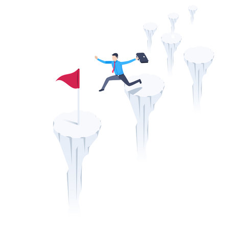 isometric vector illustration on a white background, a man in business clothes with a briefcase jumps over a cliff to a place marked with a flag, reaching the goalのイラスト素材