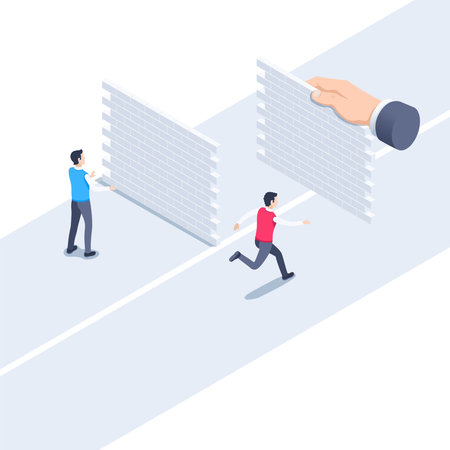 isometric vector illustration on a white background, people in business clothes run along a path with an obstacle in the form of a wall, business competition or help from outsideのイラスト素材