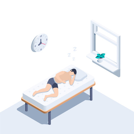 isometric vector illustration on a white background, a man sleeps on a bed under a window and a clock hanging on the wallのイラスト素材